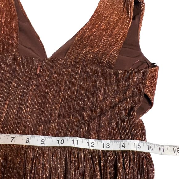 Dress the Population Brown Gold Pleated Metallic Midi Dress L Sleeveless Party - Picture 9 of 10